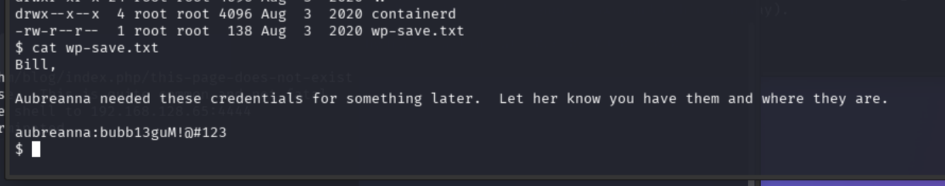 /opt directory listing and cat wp-save.txt revealing aubreanna:bubb13guM!@#123 in plaintext
